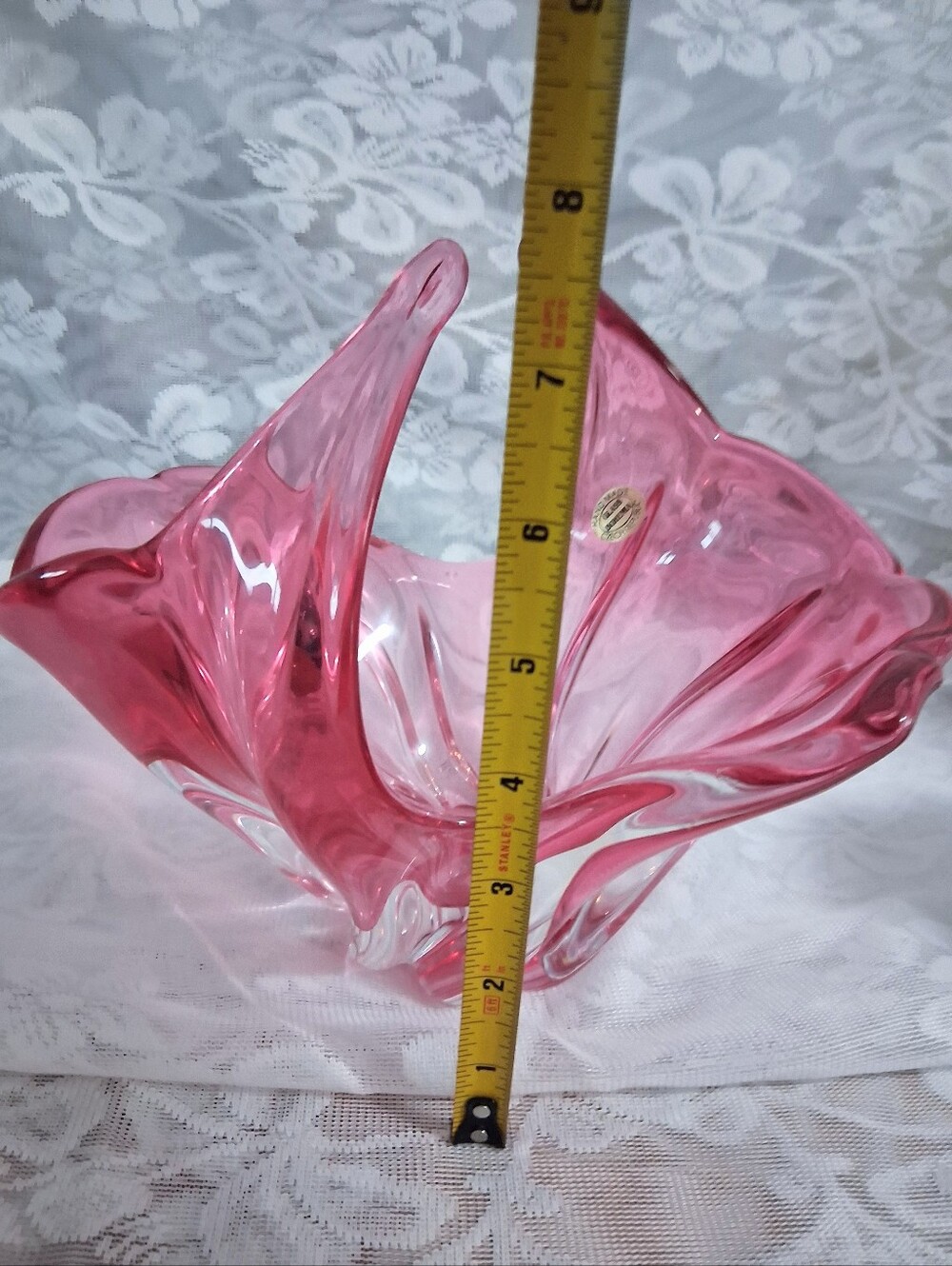Vintage Bohemian Art Glass Basket Cranberry Clear Cased Glass Mid Century Czech - Picture 13 of 16